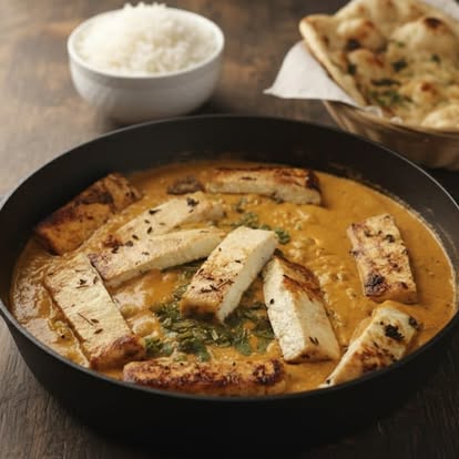 Paneer Methi Matar Malai served with rice and naan